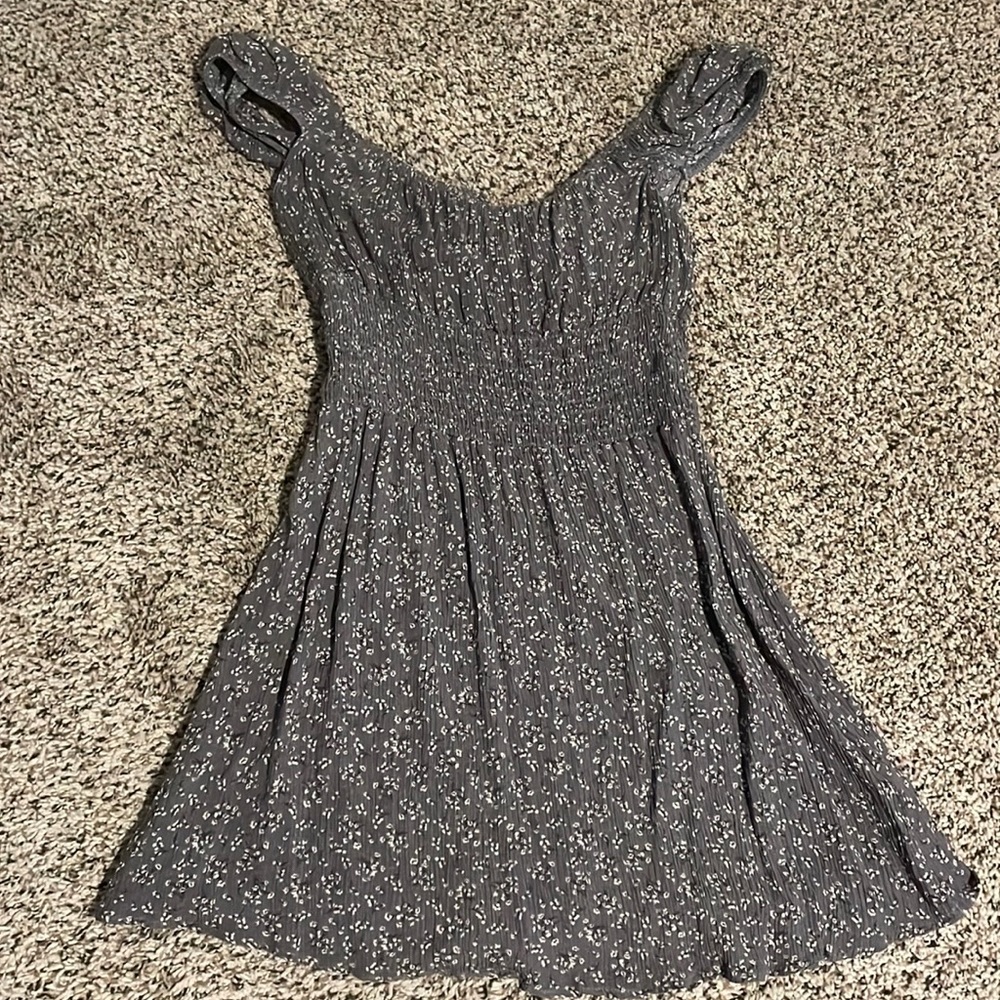 gray floral open back dress
